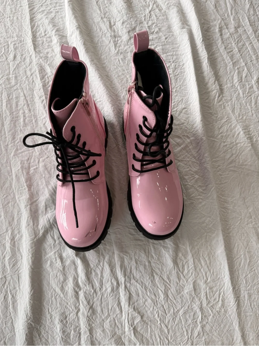 Dream Pairs Pink Patent Lace-Up Combat Boots with Black Soles